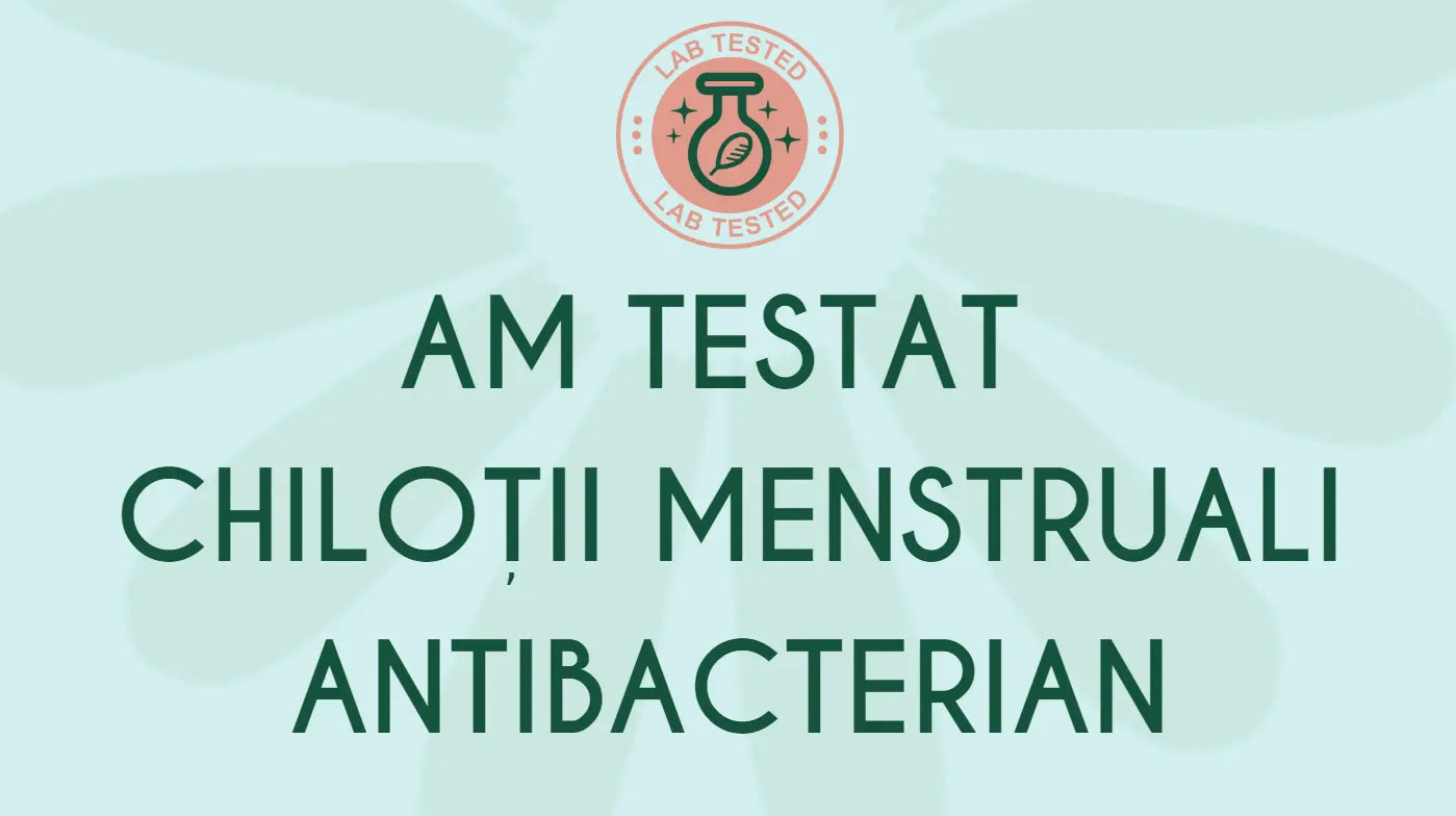 Grafică Femi.Eko® cu mesajul „Am testat chiloții menstruali antibacterian”, pe fundal cu floare stilizată.