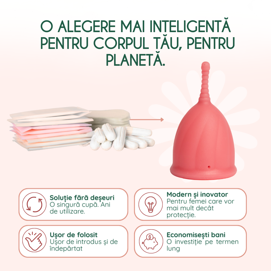 cupa menstruala femieko safe marimea m roz, reutilizabila si prietenoasa cu mediul