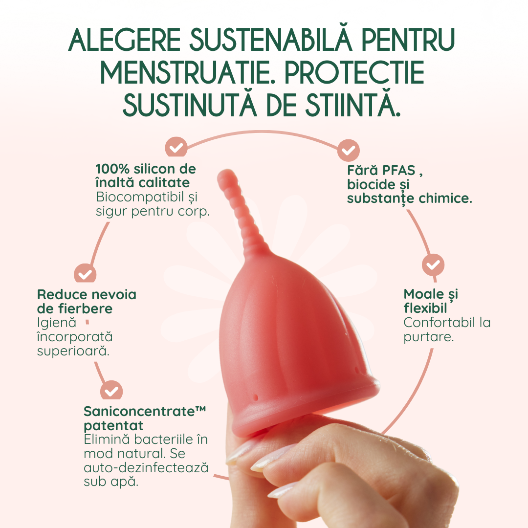 cupa menstruala femieko safe marimea m roz, antibacteriana si usor de folosit
