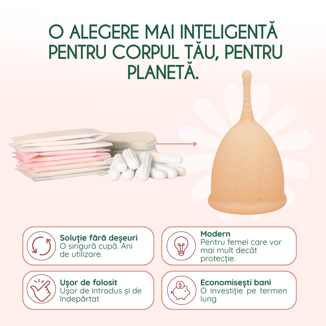 cupa menstruala femieko powder marimea m, reutilizabila si prietenoasa cu mediul , silicon medical sigur pentru igiena intima