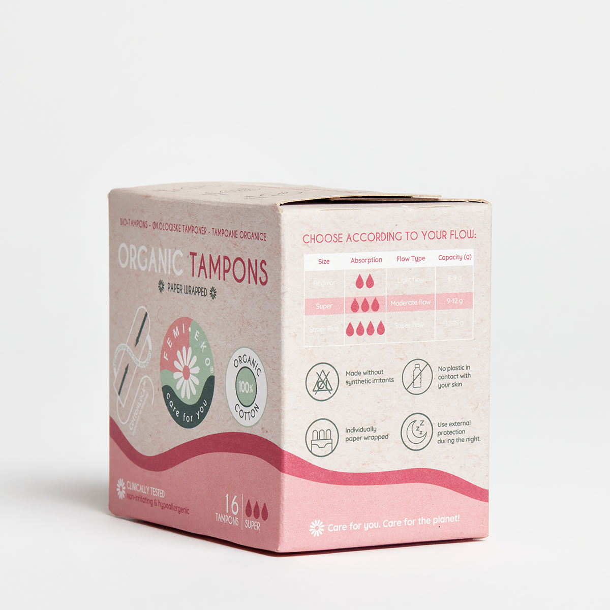 Tampoane din bumbac organic, fara fibre sau plastic, Super, 16 buc