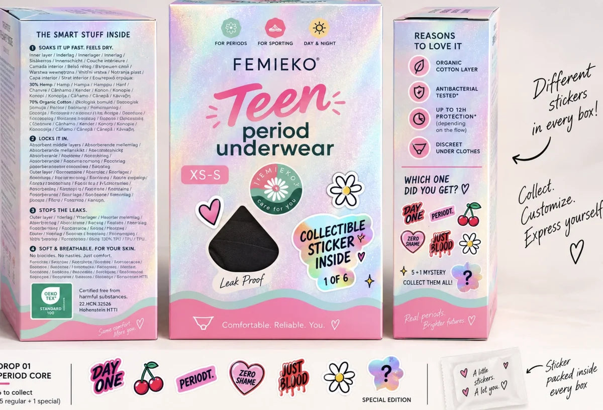 Ambalaj Femieko Teen si propunerea de stickere colectibile, in grafica originala